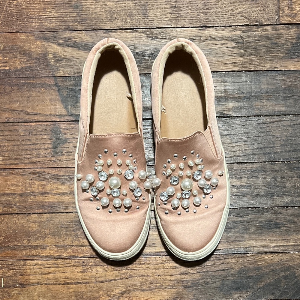 LAST CHANCE Pink satin slip on sneakers with pearl rhinestone and studs